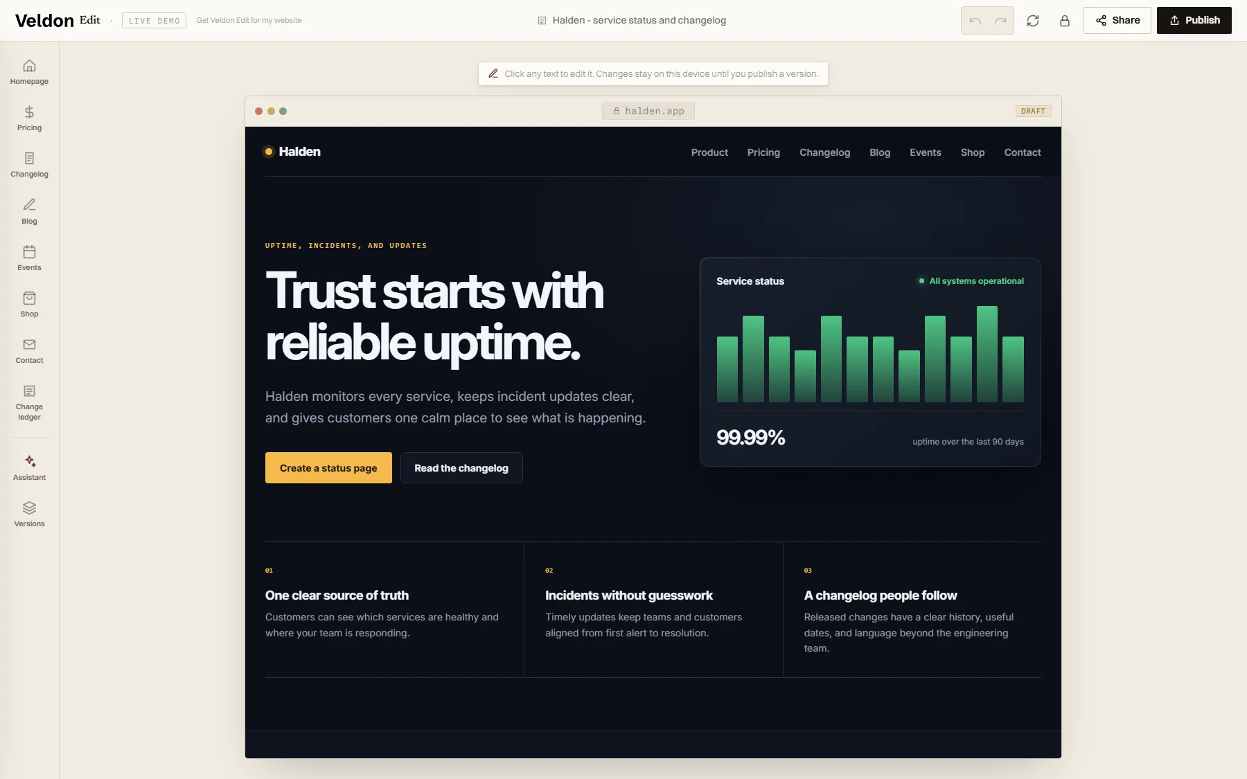 Veldon Edit editor open on a demo website