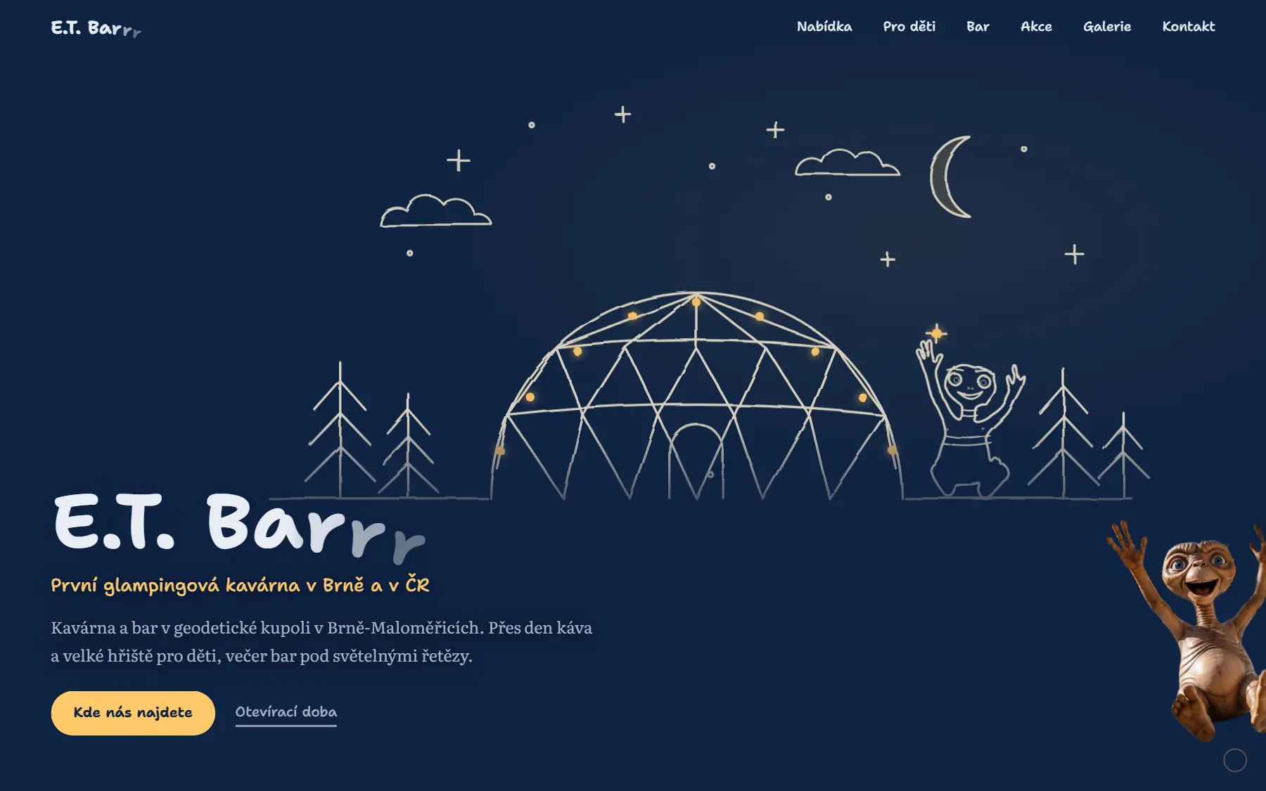 Home page for E.T. Barrr, a cafe and bar in a geodesic dome