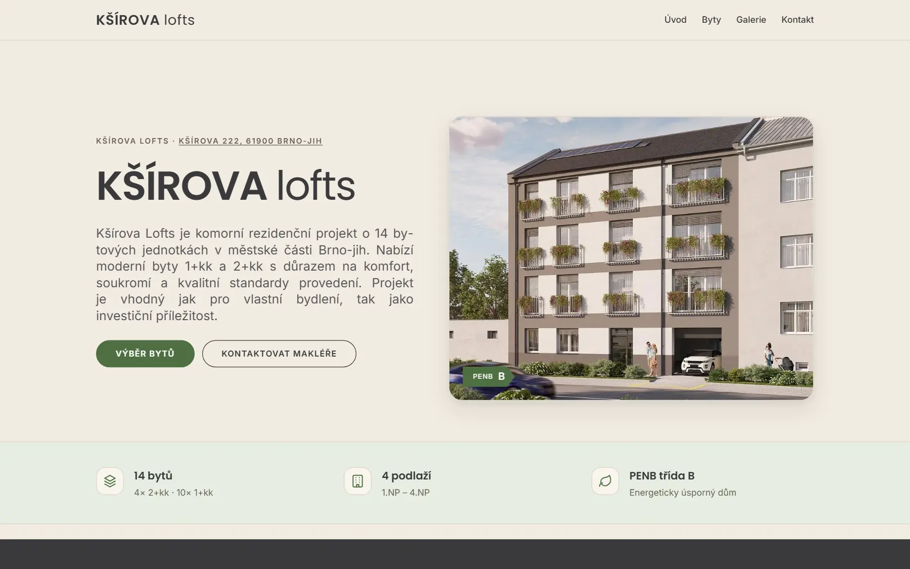 Home page for the Kšírova lofts residential development at ksirovalofts.cz