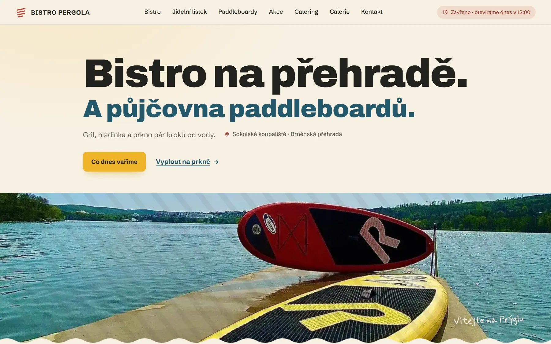 Home page for a bistro with paddleboard hire at bistropergola.cz
